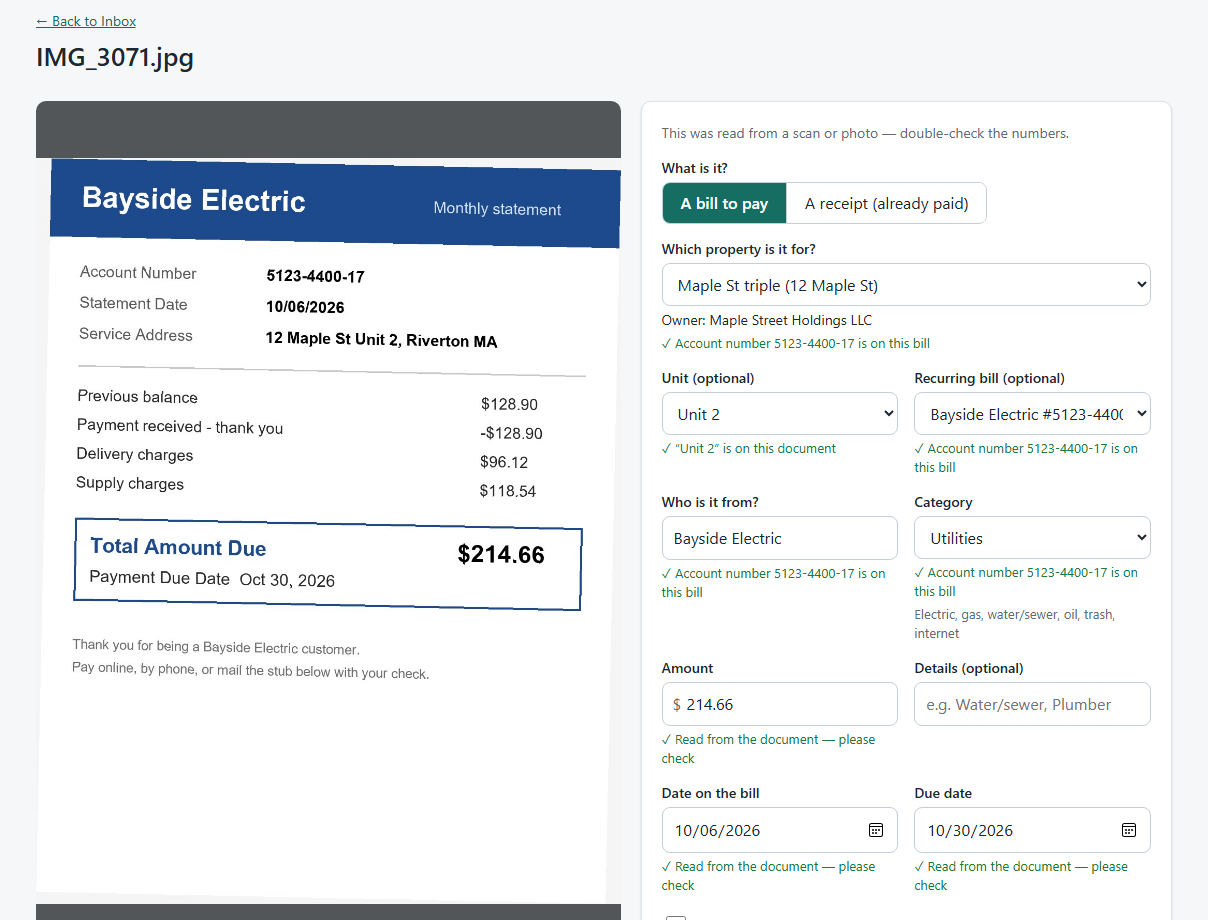 Reviewing a photographed electric bill: the property, unit, account, vendor, category, amount and dates are filled in, each with the reason for the guess.